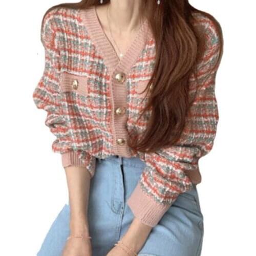 Women Knitted Vintage Colorful Cardigan Jacket Female Autumn Short Top Korean Fashion V-Neck Color Plaid Long Sleeves Sweater