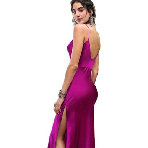 Summer Women Sexy Satin V-Neck Ankle-Length Long Slip Dresses Elegant Sleeveless Backless Silk Fabric Side Hight Split Sun Dress