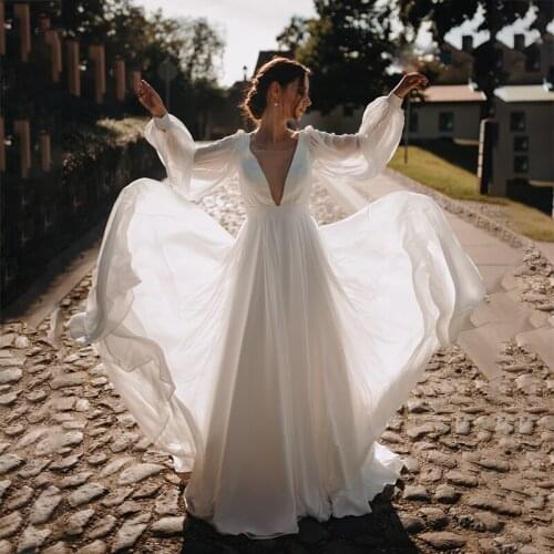 Bohemian White/Ivory Chiffon Wedding Dress A Line Full Sleeve Bridal Gowns Low V Back Plus Size Vestido De Novia