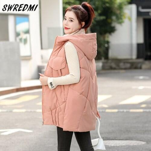 SWREDMI Winter Long Waistcoat Women 2021 New Fashion Solid Warm Cotton Vest Outerwear Plus Size S-3XL Jacket Coat Sleeveless