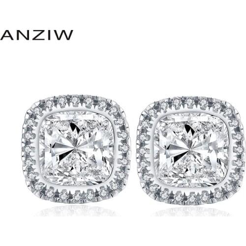 ANZIW 925 Sterling Silver Stud Earrings for Women 2.5ct Cushion Cut Simulated Diamond Halo Stud Earrings Silver Earrings