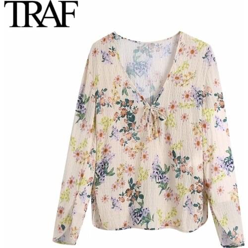 Traf Za Women Clothing 2021 Spring Autumn Long Sleeve Blouses Chic Floral Print Loose Shirts French Fashion Tops Femme