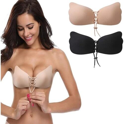 Self-Adhesive Invisible Bras Women Super Push Up Backless Sticky Bra Silicone Front Bandage Strapless Fly Bralette Black Beige