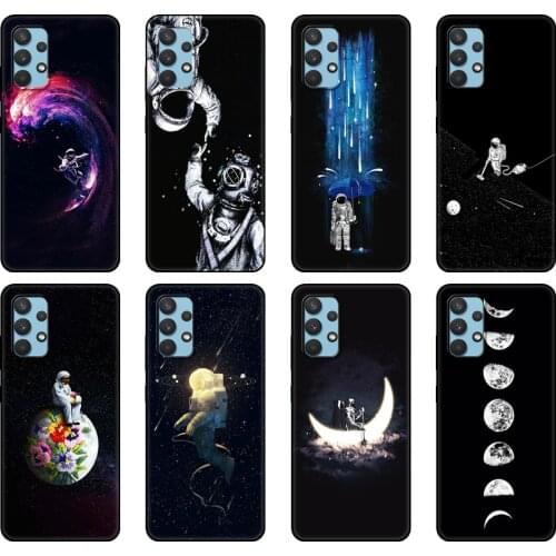 Black tpu Case For Samsung galaxy A32 A42 A52 A72 4g 5g S21 PLUS ultra back cover Space Moon Astronaut Pattern