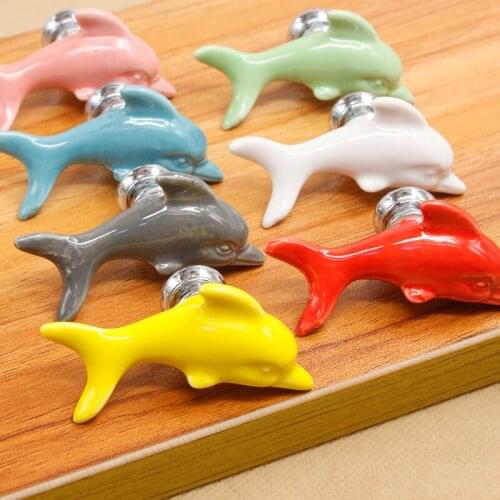 FAST SHIPPING 28x60MM Colored dolphin Shaped Ceramic Knobs porcelain KNOB for Kids/ Children Cabinets Cupboard Knobs