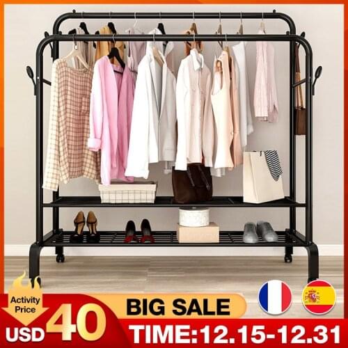 Double Pole Drying Rack Floor Stand With Wheels Hanger Clothes Drying Shoe Rack Stand Hanger Coat Stand