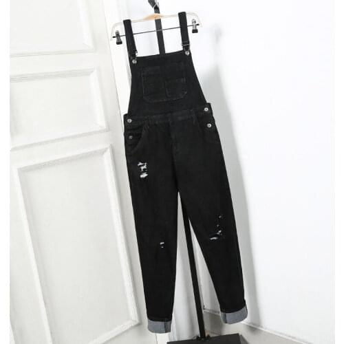 Oversized Skinny Holes Denim Straps Womens 9-point Korean High Waist Jumpsuit Autumn