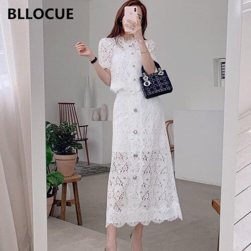 BLLOCUE Elegant Women Lace 2 Pieces Suits 2019 Summer Beading Button Lace Shirt Top+Single-Breasted A-Line Long Skirt Office Set