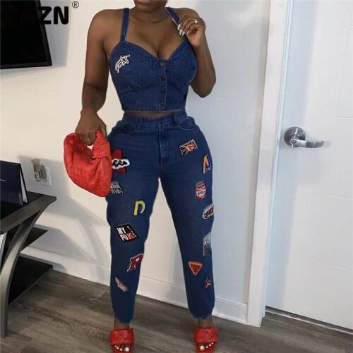 VAZN 2020 Autumn Summer High-end Denim Outfits Joker Sexy Young Strapless Fancy Top Group Long Pants Slim Women 2 Piece Set