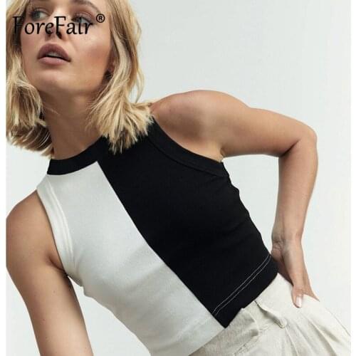 Forefair Ribbed Black White Patchwork Tank Top Women Summer Off Shoulder Knitted Streetwear Bodycon Sleeveless Crop Tops