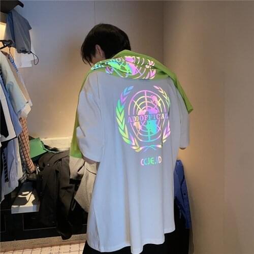 Reflective Tshirt Streetwear Men Cool Cotton T-Shirt Yellow Japan Harajuku Oversized Tshirt Funny Summer Half Sleeve Tshirts