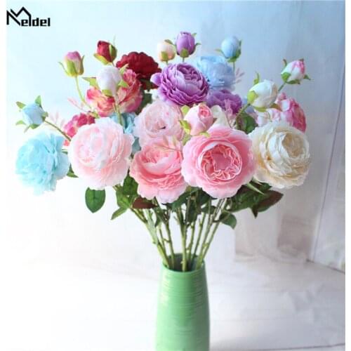 Meldel Fake Rose Bouquet Flower Artificial Silk 3 Heads Peony DIY Bride Bouquet Flower Arrangement Pink Home Party Wedding Decor