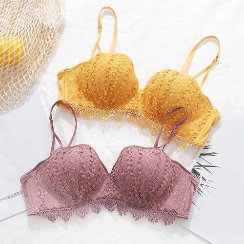 Roseheart Sexy Women Fashion Purple Yellow Lace Padded Bra Sets Push Up Invisible Wireless Bralette Cup A B Underwear Female