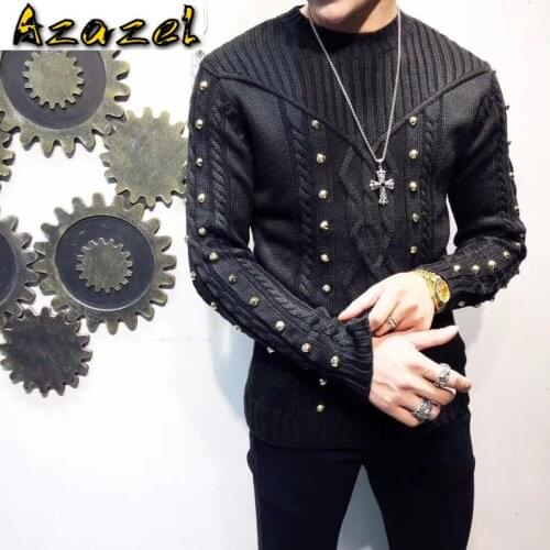 Hot Autumn And Winter New Tide Men Fashion Diamond Studded Jacquard Youth Slim Wool Sweater Woven Mens Long Sleeve Sweaters