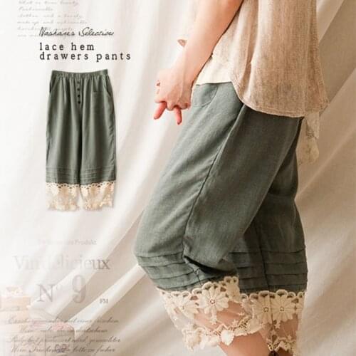 Harajuku Mori Girl Sweet Pants Women Clothing Lace Floral Layer Embroidered Pocket Button Cotton Linen Female Lovely Pants C235