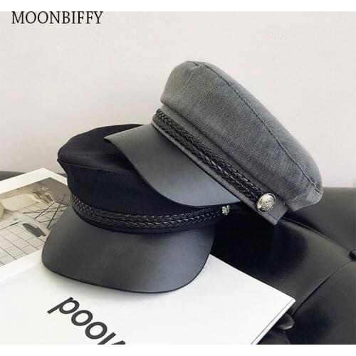 Fashion Unisex PU Leather Military Hat Autumn Sailor Hats for Women Men Black Grey Flat Top Female Travel Cadet Hat Captain Cap