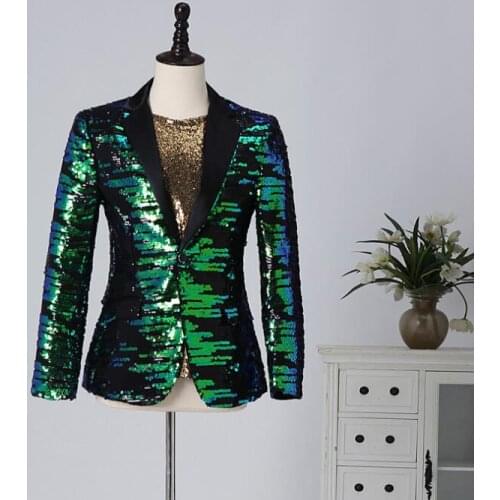 Personality blazer men Sequins suit jackets mens wedding suits costume singer star style stage green clothing formal dress B235