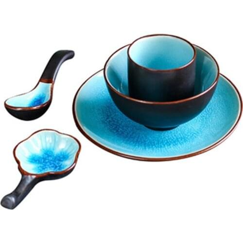 Japanese Dishes Set Ice Cracked Glaze Lake Blue Tableware Set Ceramic Tableware Household Dishes Rice Bowls Blue Dinner Plates