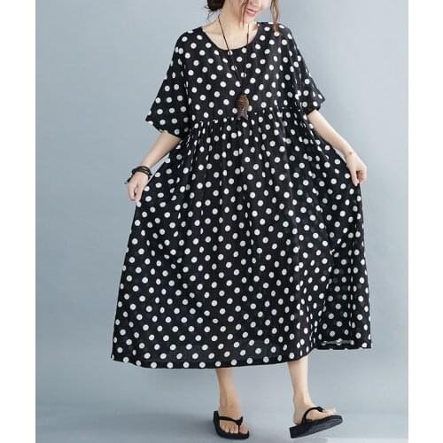 Polka Dot Print Fashion Women Dress Thin Soft Ramie Loose Summer Dress Plus Size 5XL 6XL Holiday Style Travel Casual Long Dress