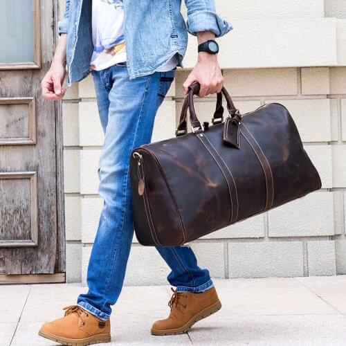 Extra large man travel bag thick crazy horse genuine leather travel duffel bag laptop business handbag luggage weekend bag 60cm