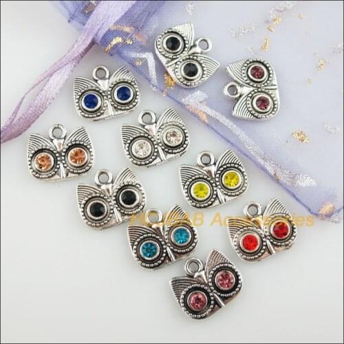 20Pcs Tibetan Silver Tone Retro Owl Animal Mixed Crystal Charms Pendants 13x15mm