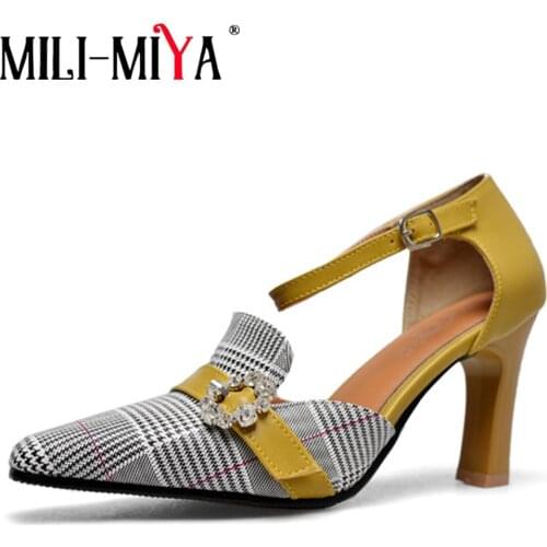 MILI-MIYA Fashion Women Pumps Fabric&Pu Leather Buckle Strap Pointed Toe Square Heels Crystal Dress Office&Career Shoes Size 46