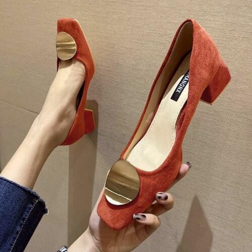 Ol Office Lady Shoes Woman Square Toe Boat Shoes Faux Suede Pumps Mid Heels Dress Shoes Round Metal Ladies Shoe Orange 9051L