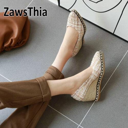 Sianie Tianie 2020 new spring autumn plaid checked tweed woman wedges espadrilles platform high heels women slip-on pumps shoes