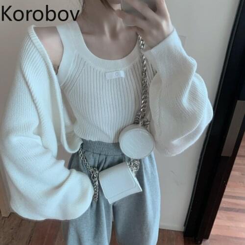 Korobov 2020 New Chic Autumn Winter Women 2 Pieces Sets Vintage Solid Vest and Knitted Cardigans Women Outfits Suits