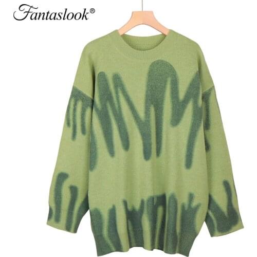 Print Knitted Sweater Women Green Striped Oversized Pullovers Sweater Loose Long Knitwear Jumper Streetwear Sueter Mujer