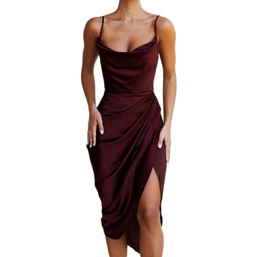 New Dress Mid-length Slit Design Solid Color Women Suspender Dress for Summer Toppies 2021 Women Satin Dress vestido de mujer