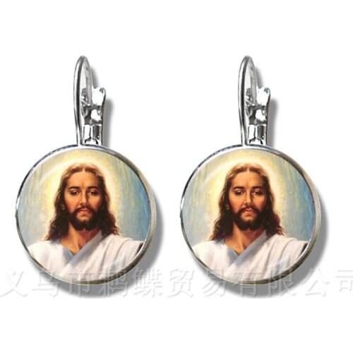 2018 New Style Blessed Virgin Mary Mother Of Baby Earrings Jesus Christian Catholic Religious Glass Jesus Stud Earrings For Gift