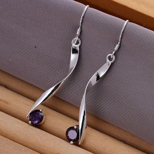 925 Jewelry Silver Color Wholesale Free Shipping Earrings For Women Twisted Purple Stone Earrings /ahbaiyia Ahaaiyha LQ-E186