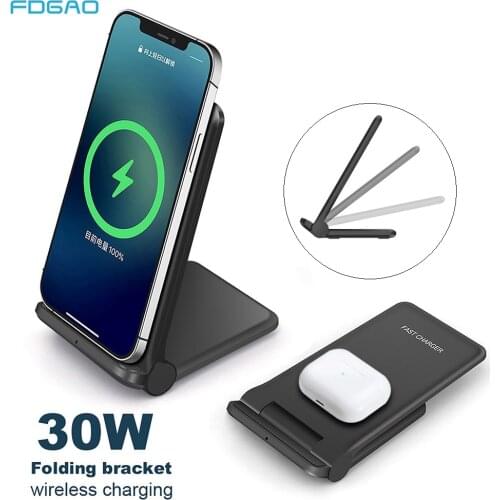 30W Fast Qi Wireless Charger Stand for iPhone 12 11 XS XR X Airpods Pro Foldable Wireless Charging Dock for Samsung S10 S20 S21