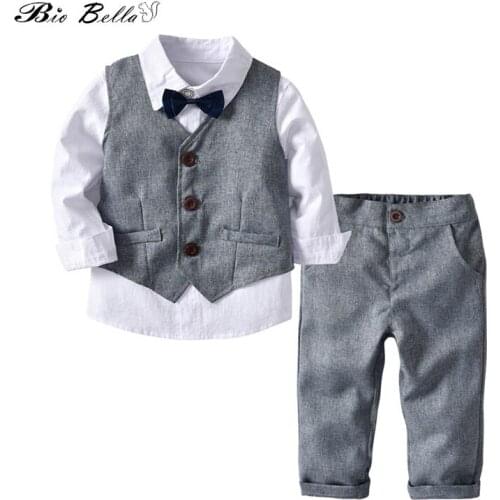 Biobella New High Quality Spring Autumn Boys Blazer Gentlemens Casual suit 3pcs Vest + White shirt with Bow Tie +Long Pants