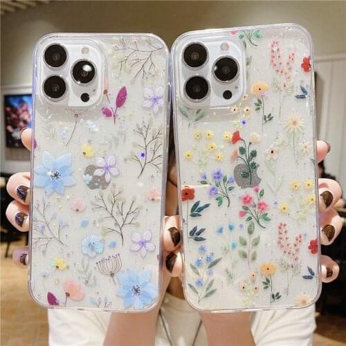 Glitter Flower Transparent Phone Case For iPhone 13 12 11 Pro Max XS Max X XR 7 8 Plus 13 12 Pro 11 Soft Silicone Clear Cover