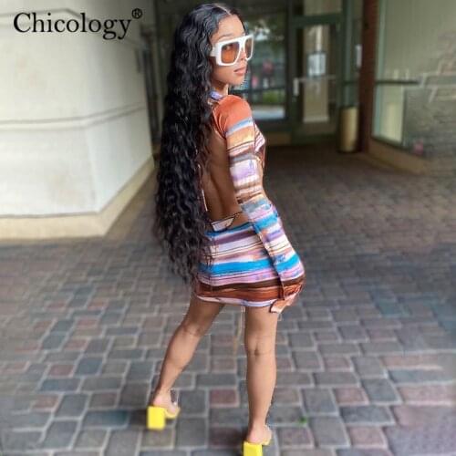 Chicology stripe backless mini dress 2020 fall fashion long sleeve club outfits women winter sexy birthday bodycon lady clothes