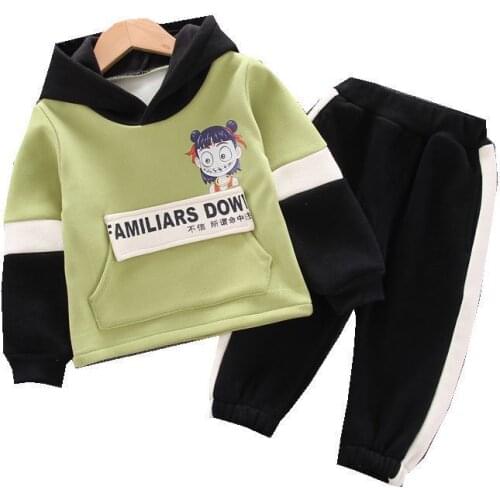 Children Autumn Winter Clothes Baby Boys Girls Cartoon Letter Plus Velvet Hooded Sweater Pants 2Pcs/sets Kids Casual Tracksuits