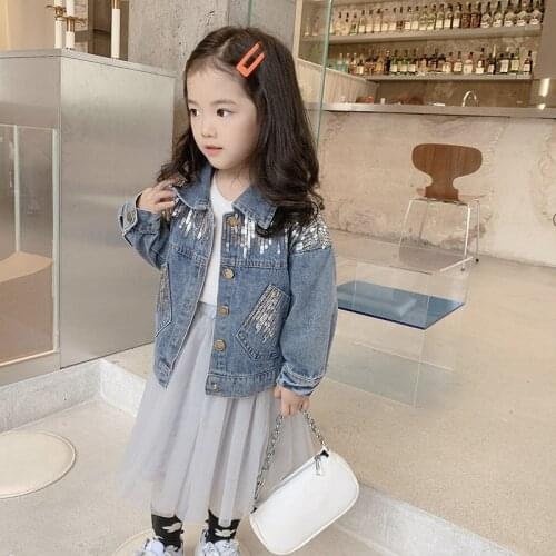 2021 autumn new Korean childrens coat personality girl Sequin denim fashion Korean leisure kids coats for girls