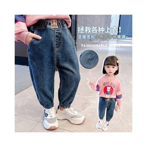 Girls Jeans 2021 Autumn New Childrens Korean Style Casual Cowboy Pants Childrens Loose Cartoon Pants Kids Denim Pant Trousers