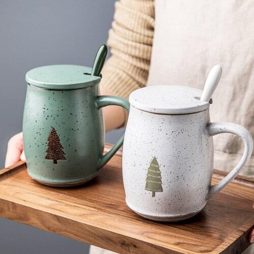 Nordic Coffee Mug with Lid 500ml Ceramic Mugs Cartoon Tree Mugs with Spoon Milk Coffee Cup Novelty Gifts