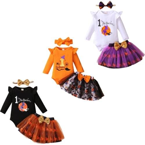 2021-06-21 Lioraitiin 3PCS Baby Girl My First Halloween Outfits Long Sleeve Letter Print Romper Tulle Skirt Headband Set