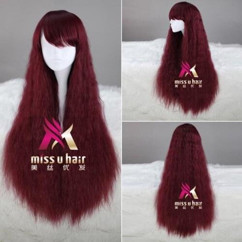 Halloween party cosplay costume Mori girl lolita with red Claret harajuku Long curly Blunt bangs and a coiffure wig+Wig Cap