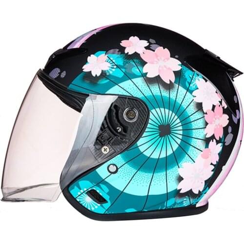 Motorcycle Helmet Open Face Skull Cap Anti-UV Electrombile Motorbike Road Bike Adjustable Sakura Colorful Visor lens Helmets