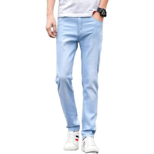 2020 Small stretch light blue cotton mens jeans 28 29 30 31 32 33 34 36 Sky blue jeans men trousers Slim soft and comfortable