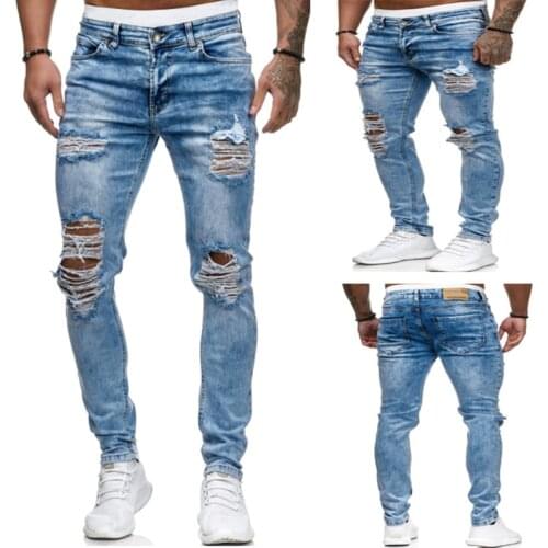Men Ripped Jeans Pantalon Homme Fashion Slim Fit Denim Pencil Pants Men Casual Straight Distressed Jeans Pantalones Vaqueros