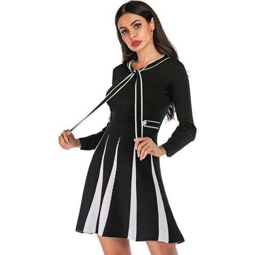 Neatie kiddie 2019 Autumn Color Block Patchwork Elegant Sweet Vintage Casual A-line Dress Long Sleeve Bow Tie Women Mini Dress