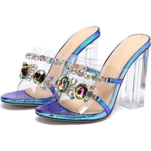 New Modern Slippers Transparent PVC String Bead Shoes Woman Fashion Open Toe Slippers Crystal Perspex Heel Slides Beach Sandale