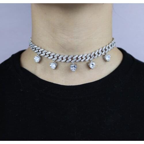 New hip hop choker necklace with pink cz paved jewelry rose gold color plated lucky heart charm cuban chain statement necklace