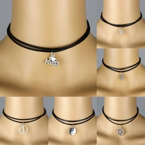 Women Jewelry Punk Goth Peace Compass Yin Yang Fatimas Tree Of Life Love My Cat Necklace Choker Leather Chain Collier Xmas Gift